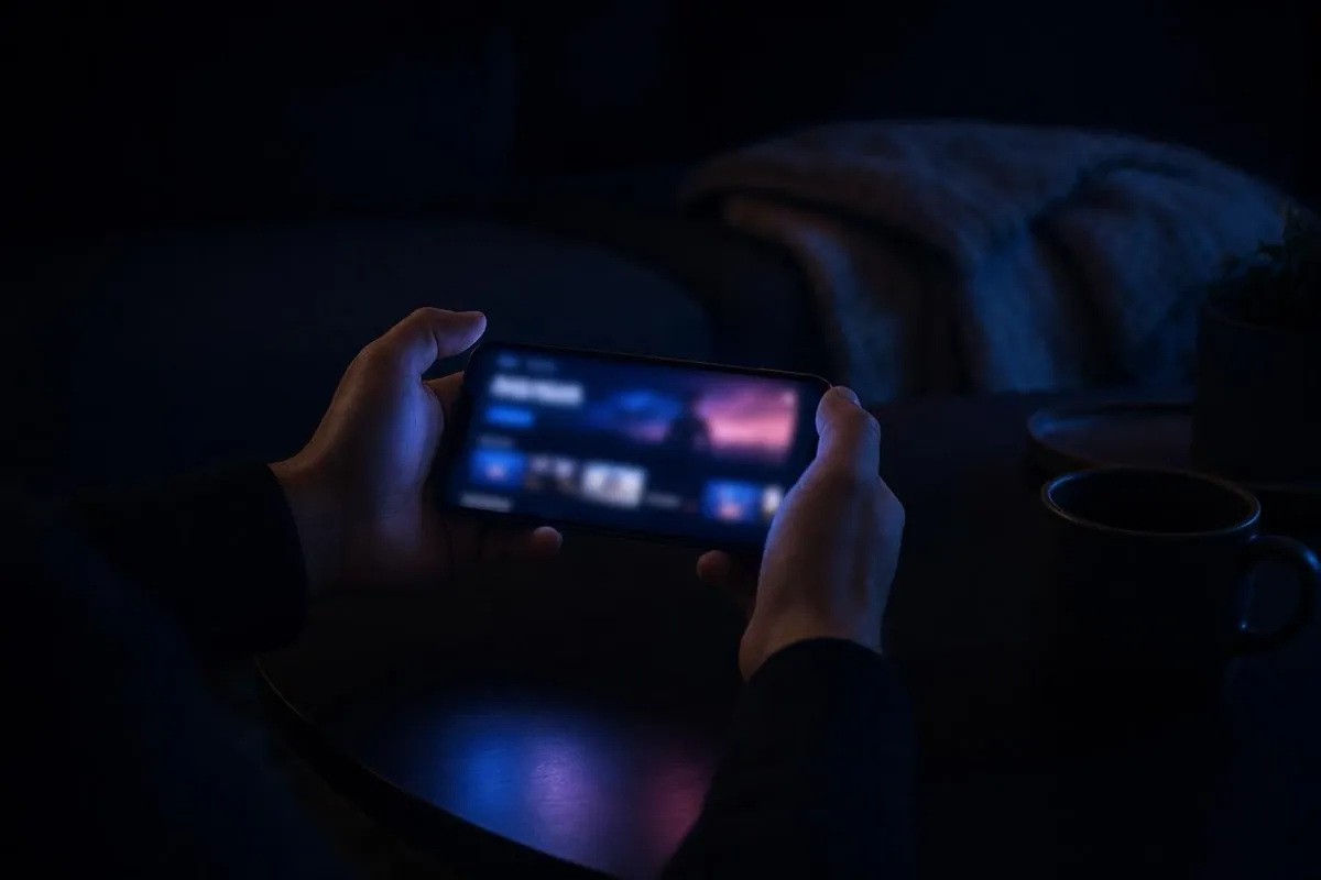 Hands holding a phone with a shortlist, in a dark living room