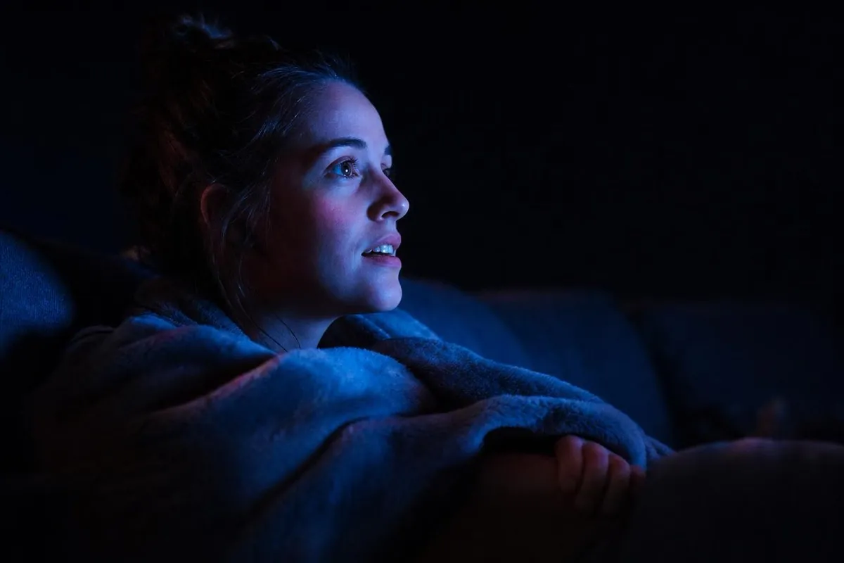 Someone at home under a blanket, watching in quiet awe